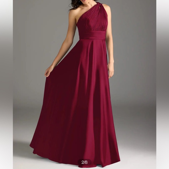 Burgundy A-Line One Shoulder Stretch Satin Dress - Picture 10 of 10